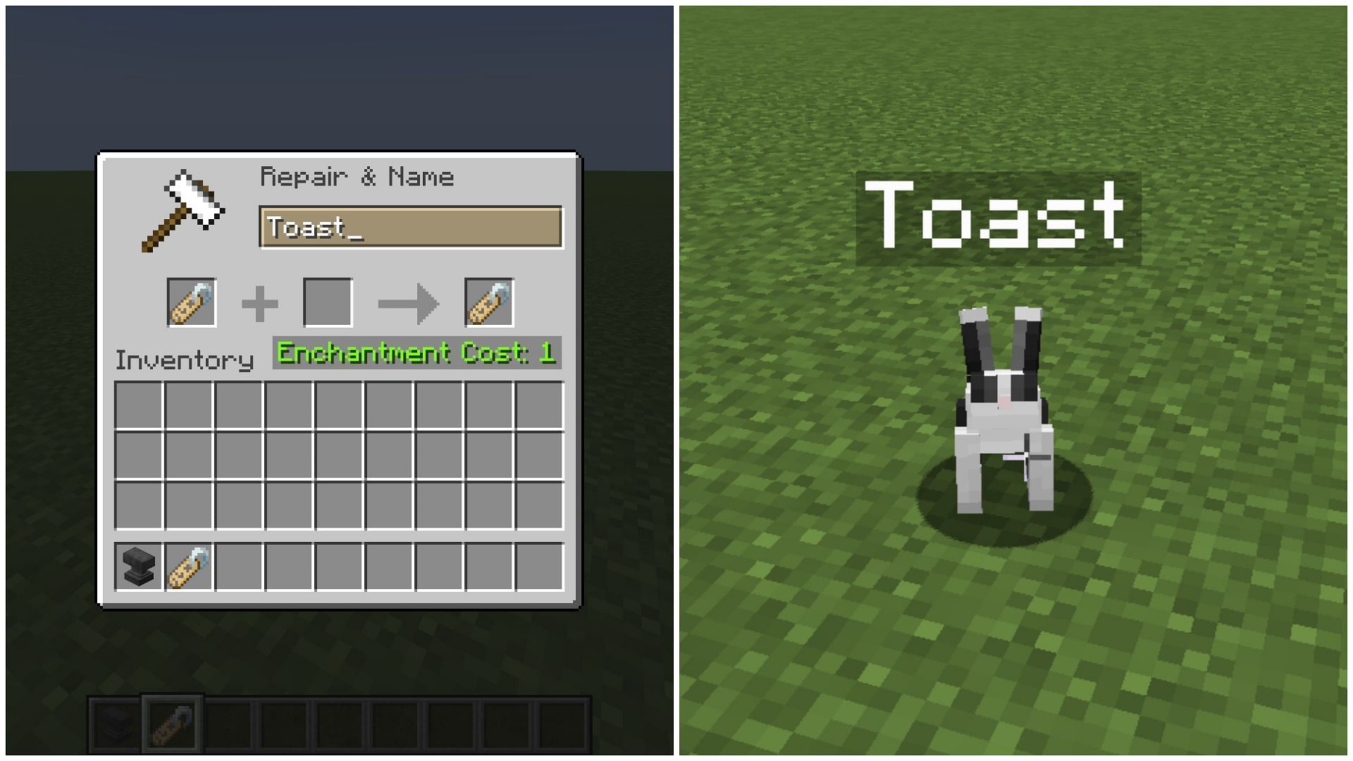 Naming any rabbit 'Toast' will change the mob's color to black and white in Minecraft 1.20 (Image via Sportskeeda)
